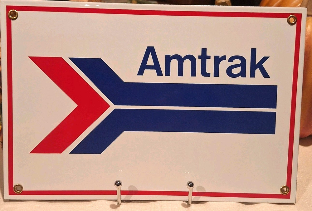 Amtrak Railroad Porcelain Enamel Arrow Logo Ande Rooney Style 12" x 8"